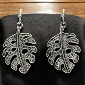 Antique Silver Monstera Leaf Earrings